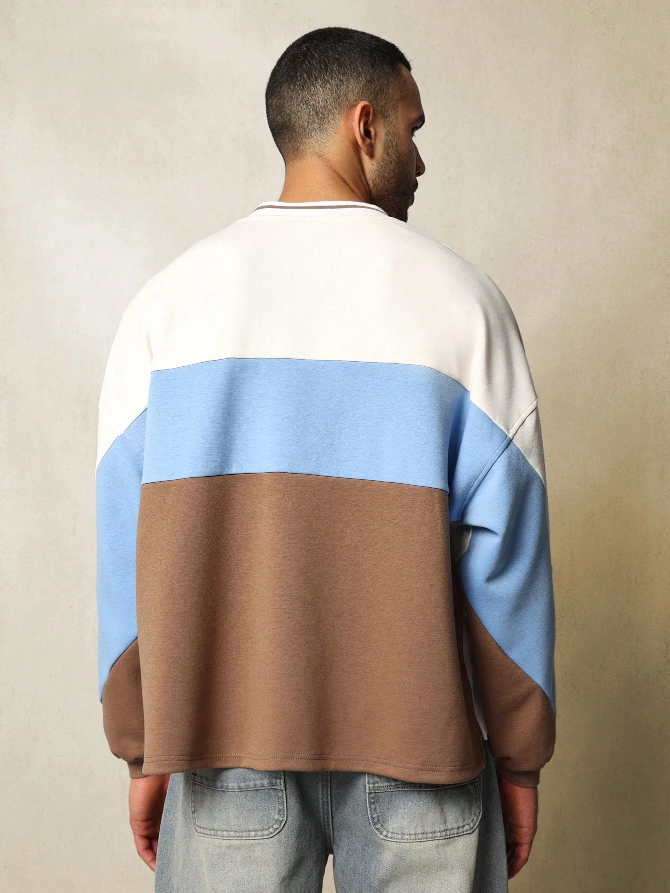 Oversized Fit Colour Block V-Neck Sweatshirt With Embroidery & Applique