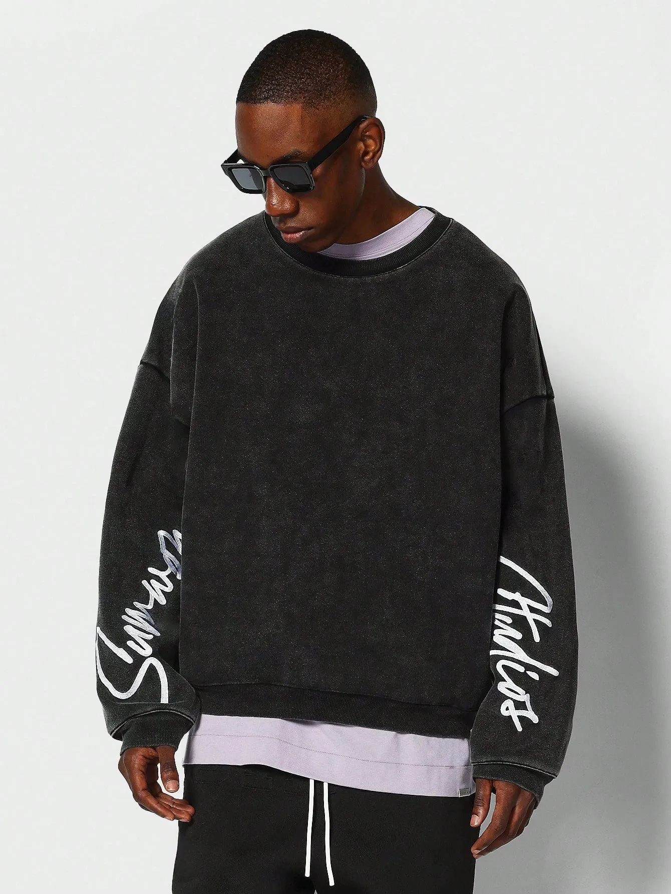 Oversized Fit Drop Shoulder Washed Sweatshirt With Embroidered Sleeves