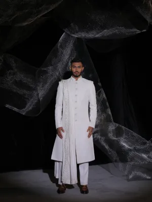 Pearl White Sherwani With Hand Embroidery On Dupatta