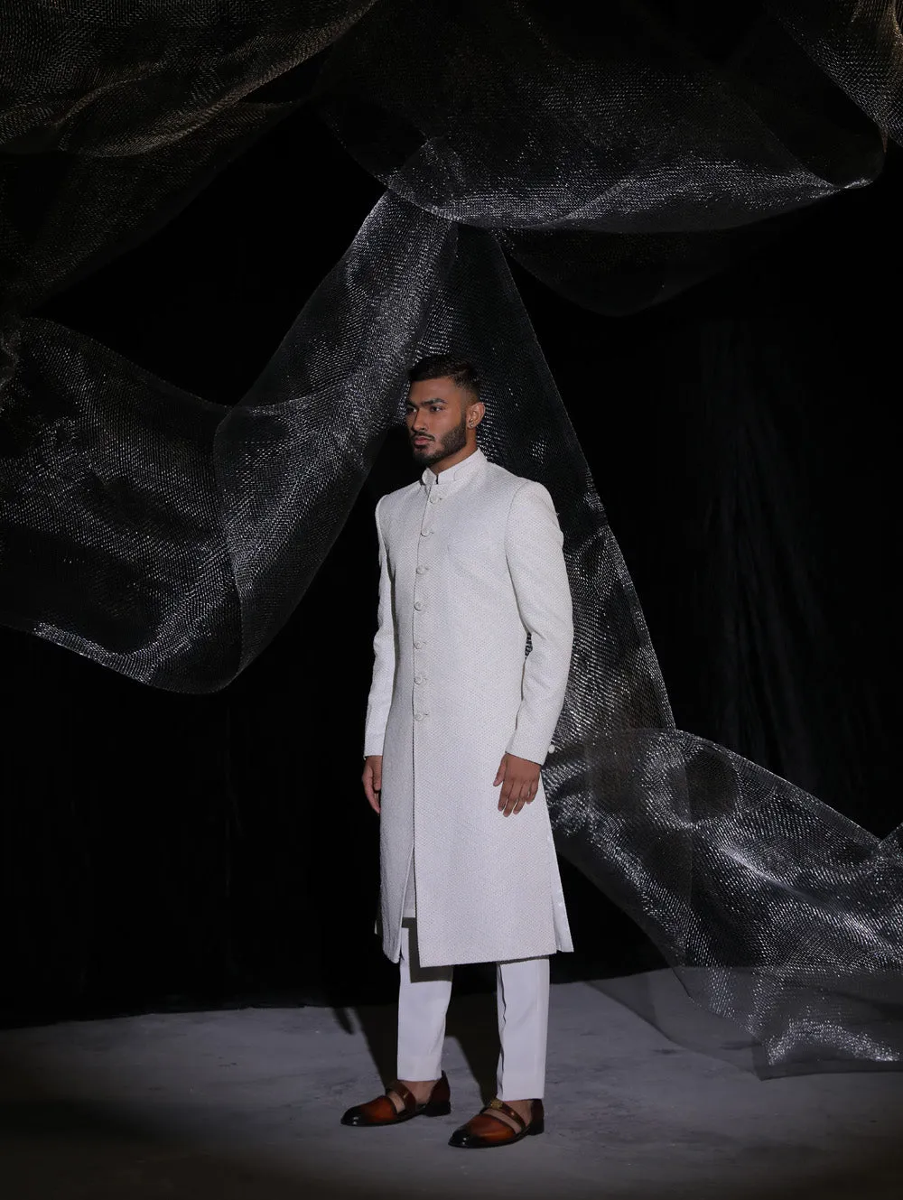 Pearl White Sherwani With Hand Embroidery On Dupatta