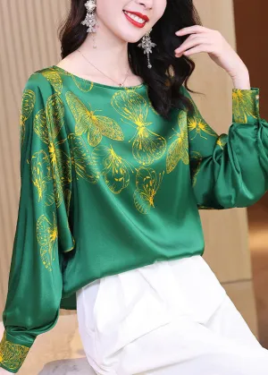 Plus Size Green O-Neck Butterfly Print Silk Blouse Tops Long Sleeve