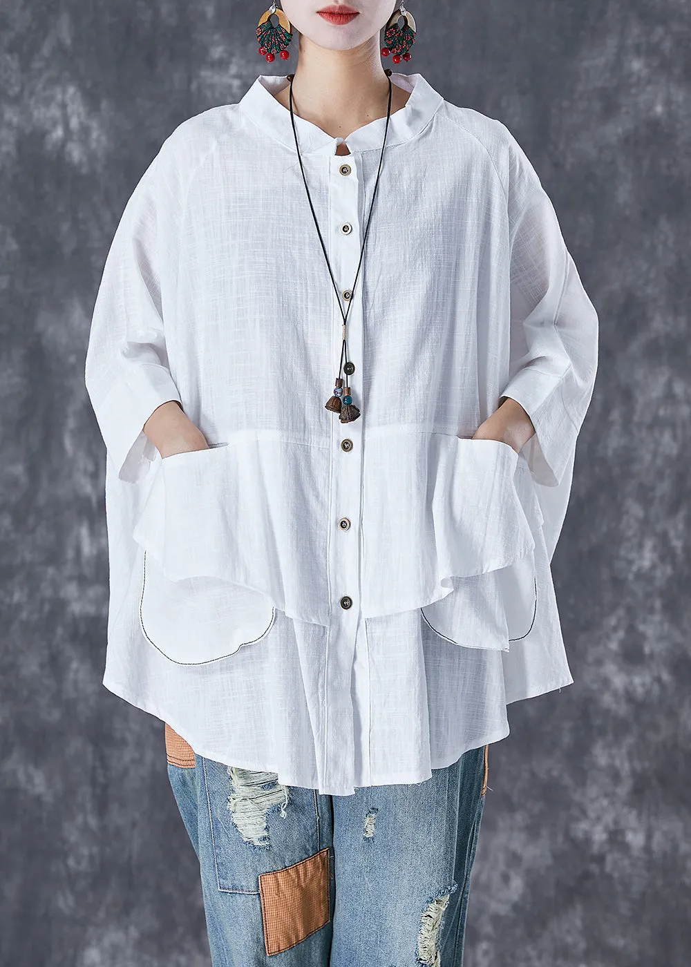 Plus Size White Stand Collar Patchwork Linen Shirt Tops Batwing Sleeve