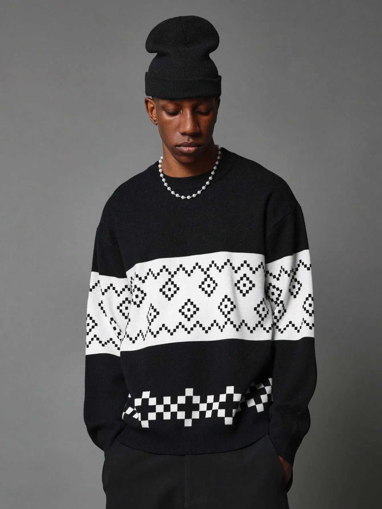 Regular Fit Jacquard Printed Knit Crew Neck Sweater - Christmas Edition