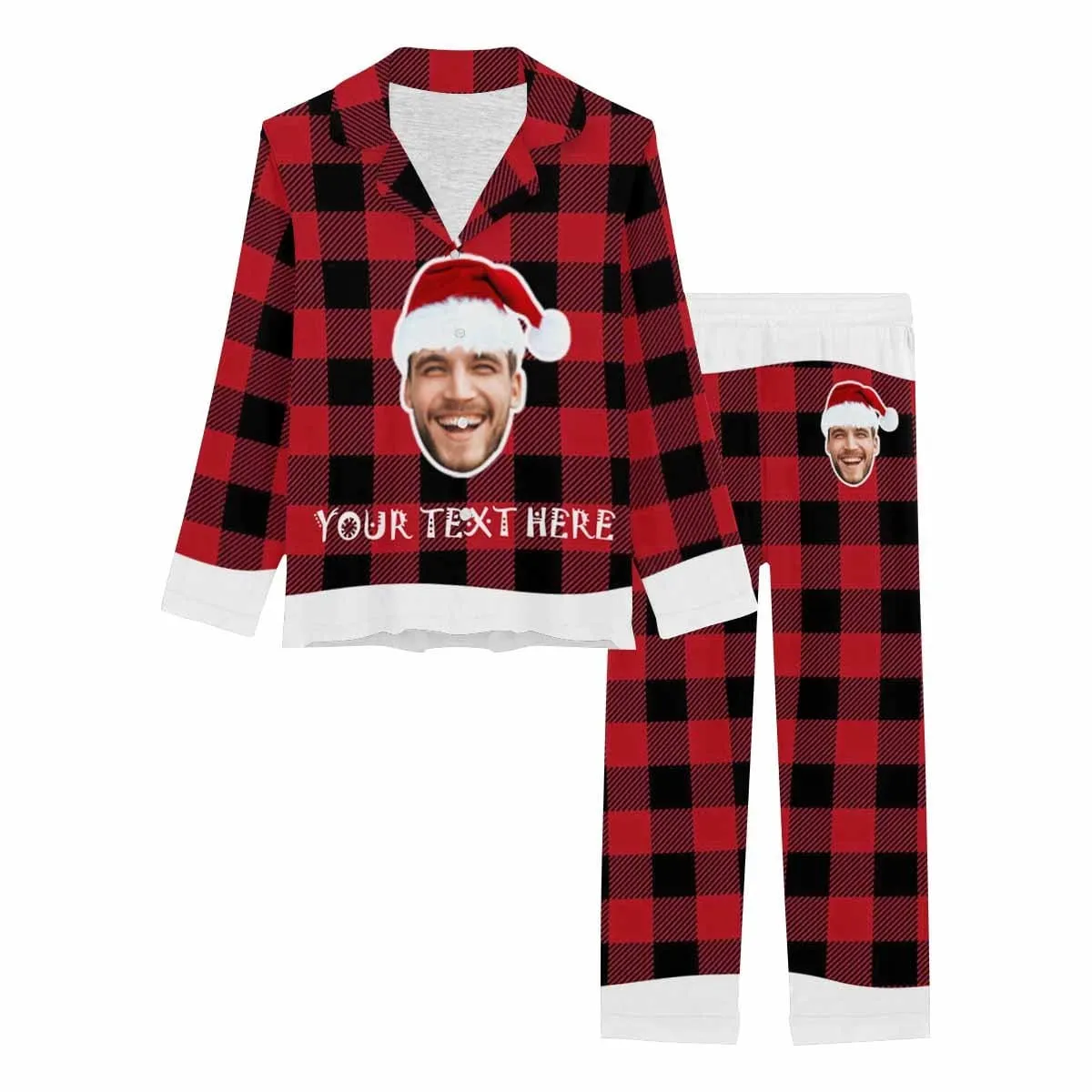 Special Christmas Sale Custom Boyfriend Face&Text Pajamas Christmas Grid Sleepwear Personalized Women's Long Pajama Set