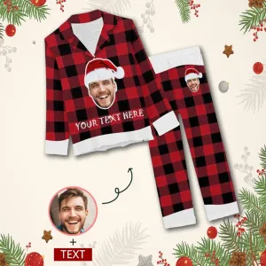 Special Christmas Sale Custom Boyfriend Face&Text Pajamas Christmas Grid Sleepwear Personalized Women's Long Pajama Set