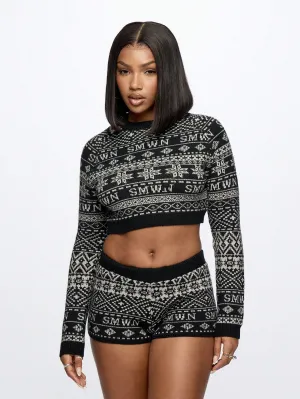 SUMWON WOMEN Crop Long Sleeve Knitted Fairisle Print Sweater