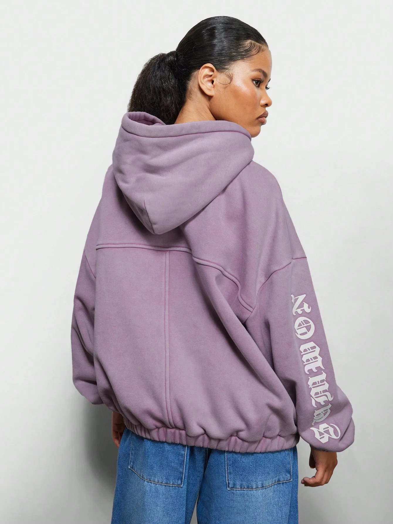 SUMWON WOMEN Washed Overhead Hoodie With Kangaroo Pocket & Sleeve Graphic Print