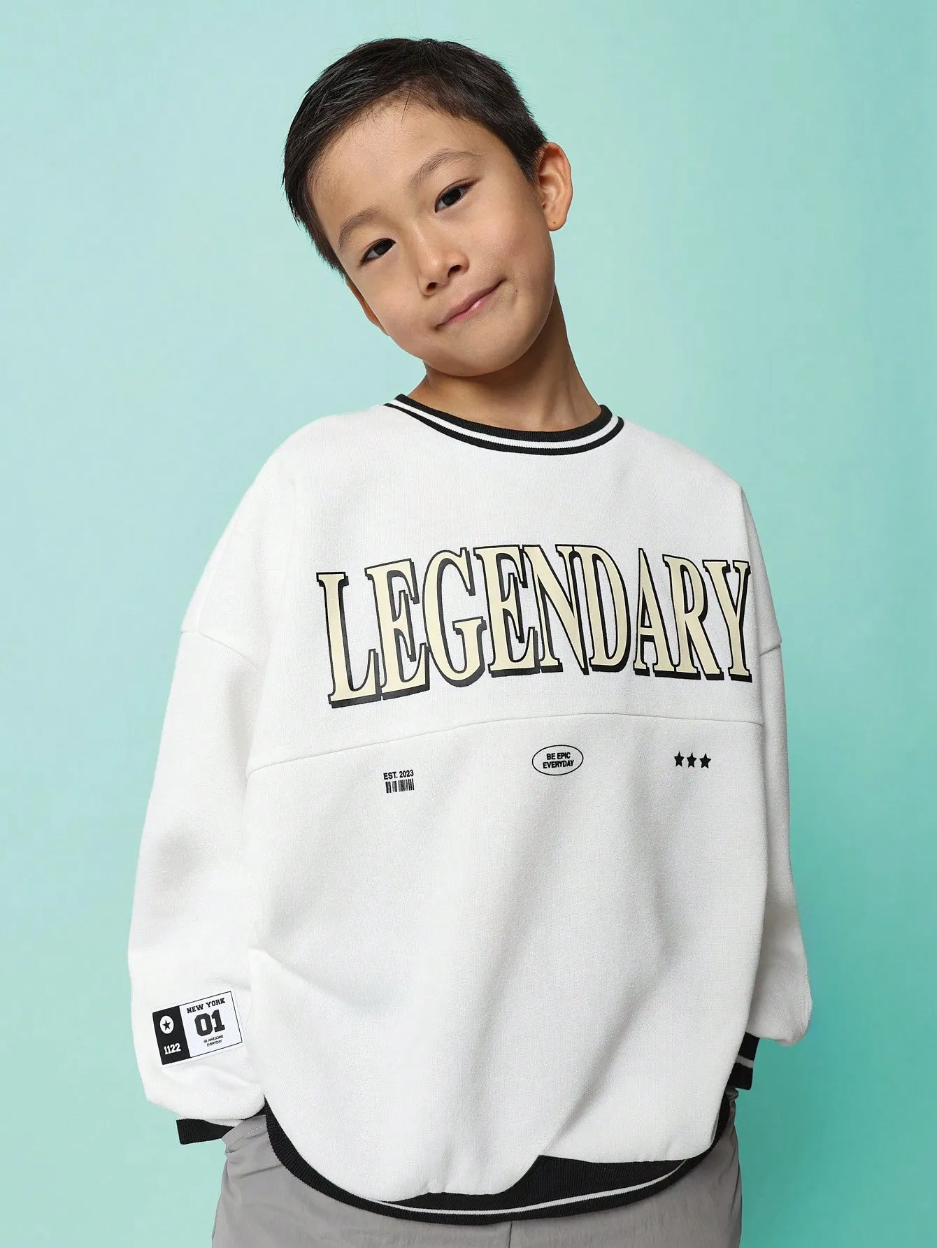 Tween Boys Comfy Regular Fit Sweatshirt With Large Graphic Print, Stripe Cuff & Hem