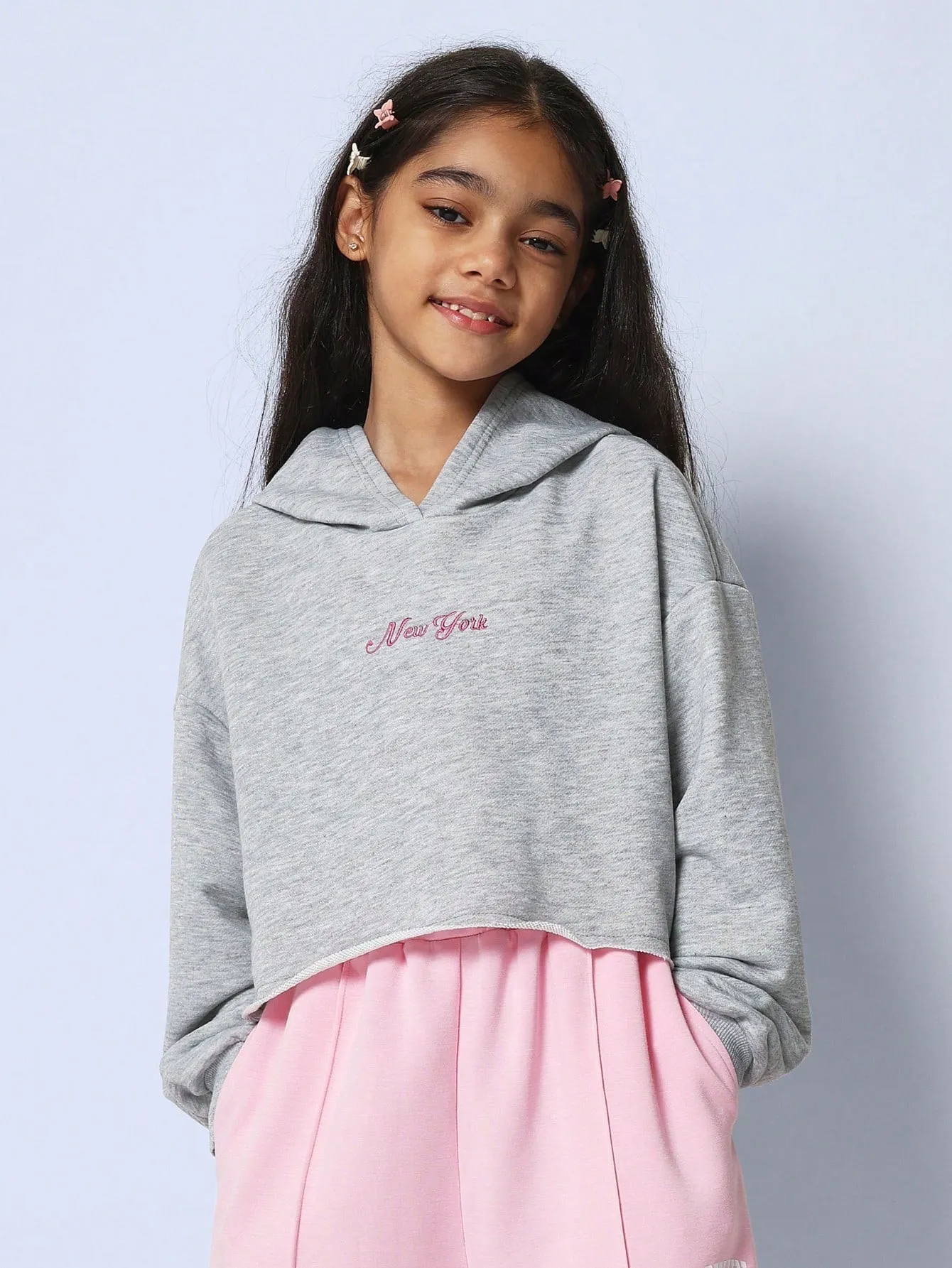 Tween Girls Comfy Crop Grey Marl Overhead Hoodie With Small Graphic Print