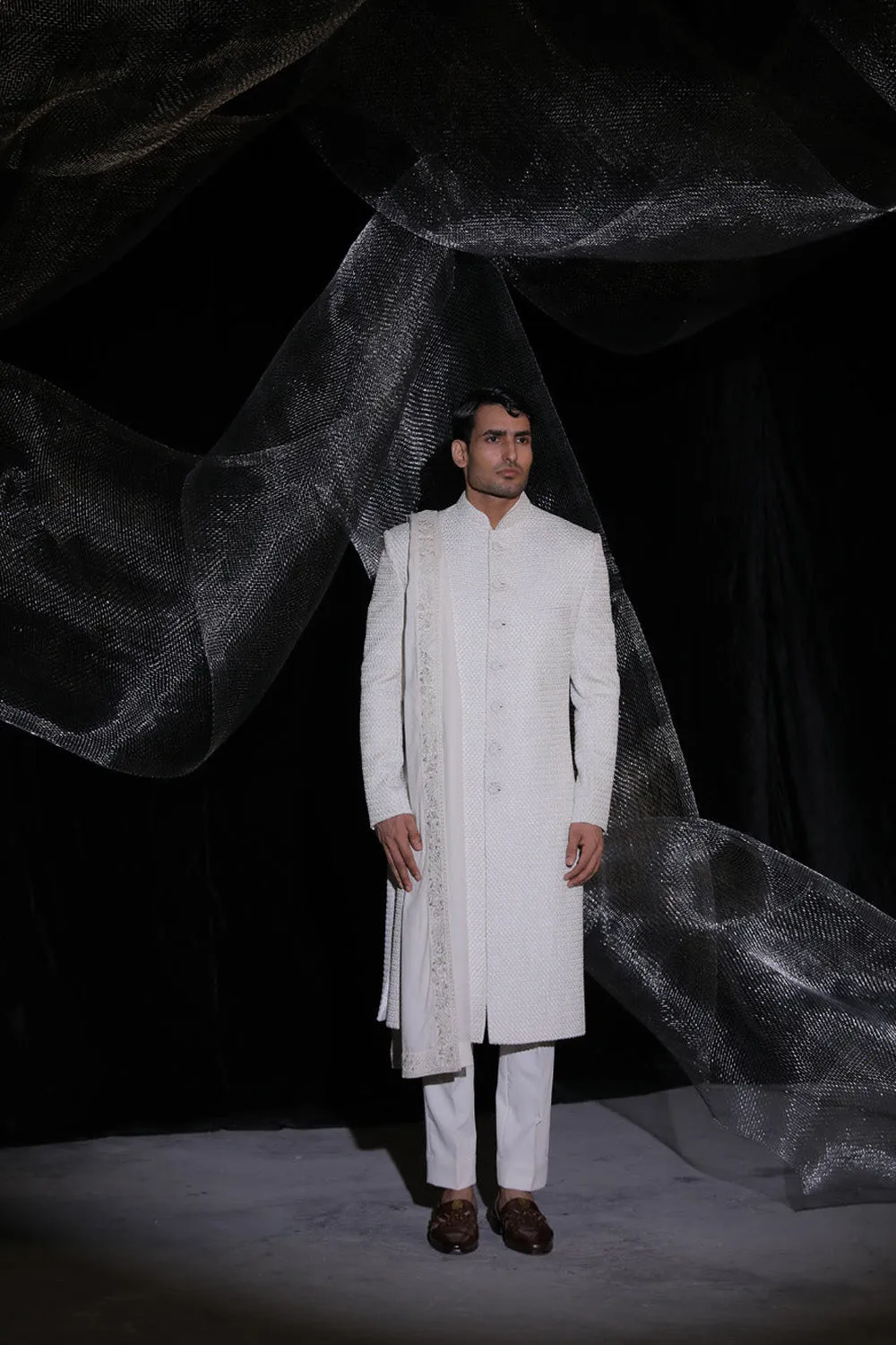 Vista White Sherwani With French Knot All Over The Sherwani