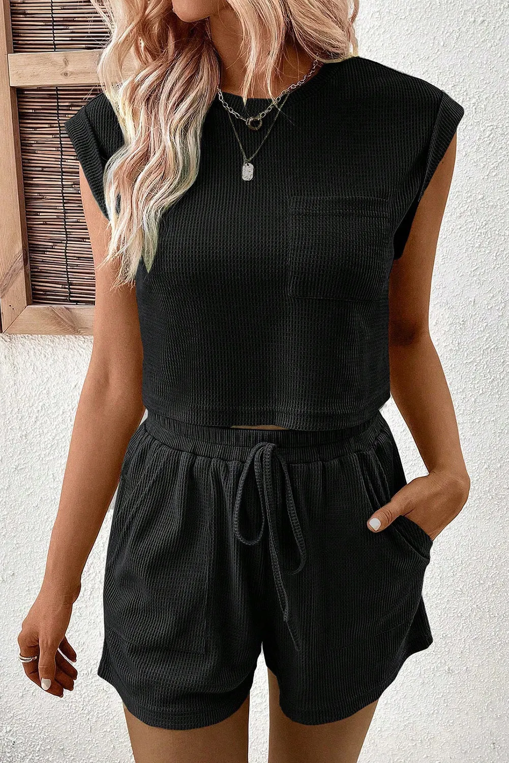 Women 2 Piece Waffle Knit Outfits Crew Neck Pocket Tank Top Drawstring Waist Shorts