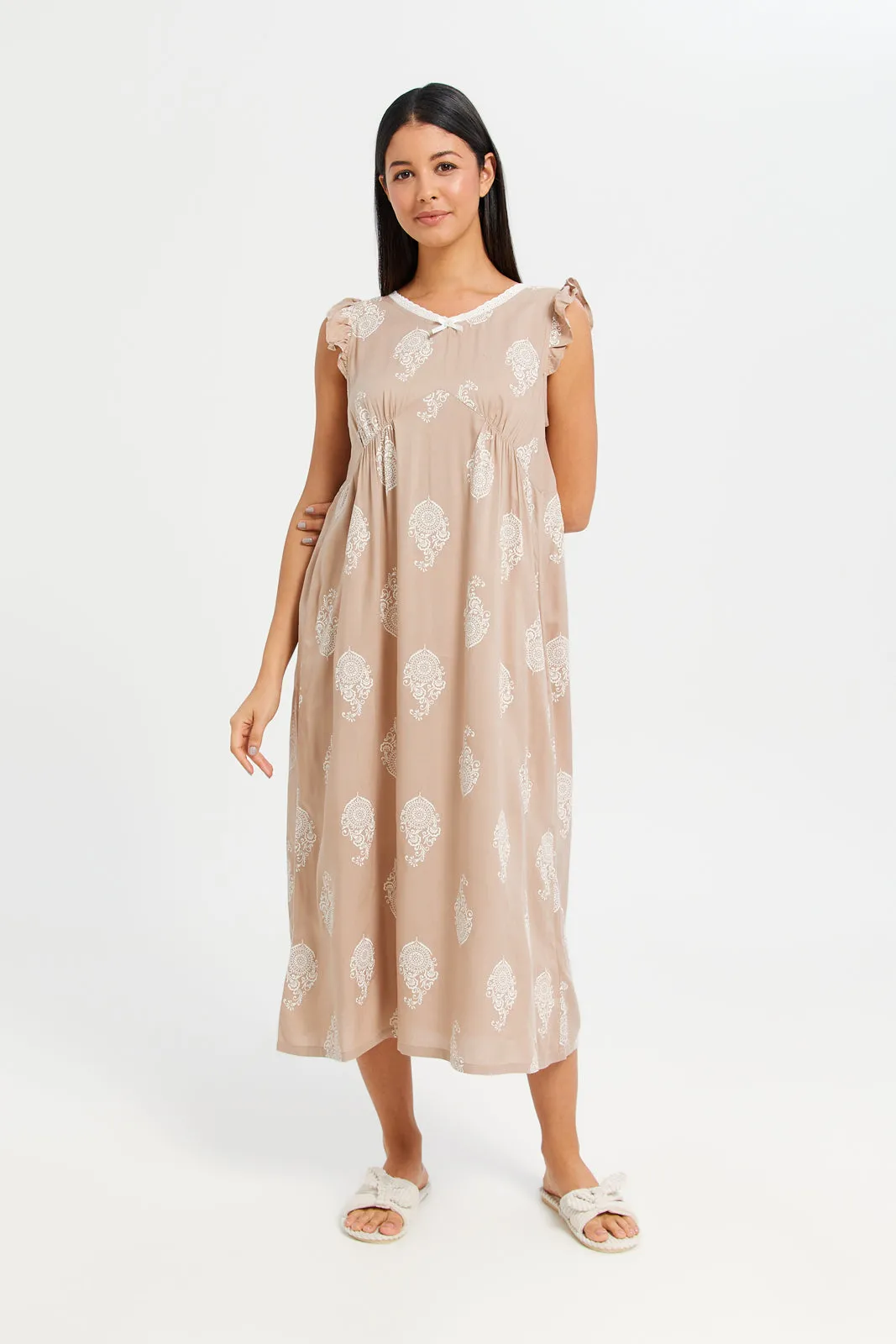 Women Beige Embellished Nightgown