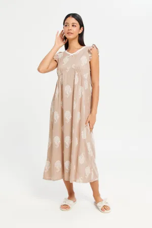 Women Beige Embellished Nightgown