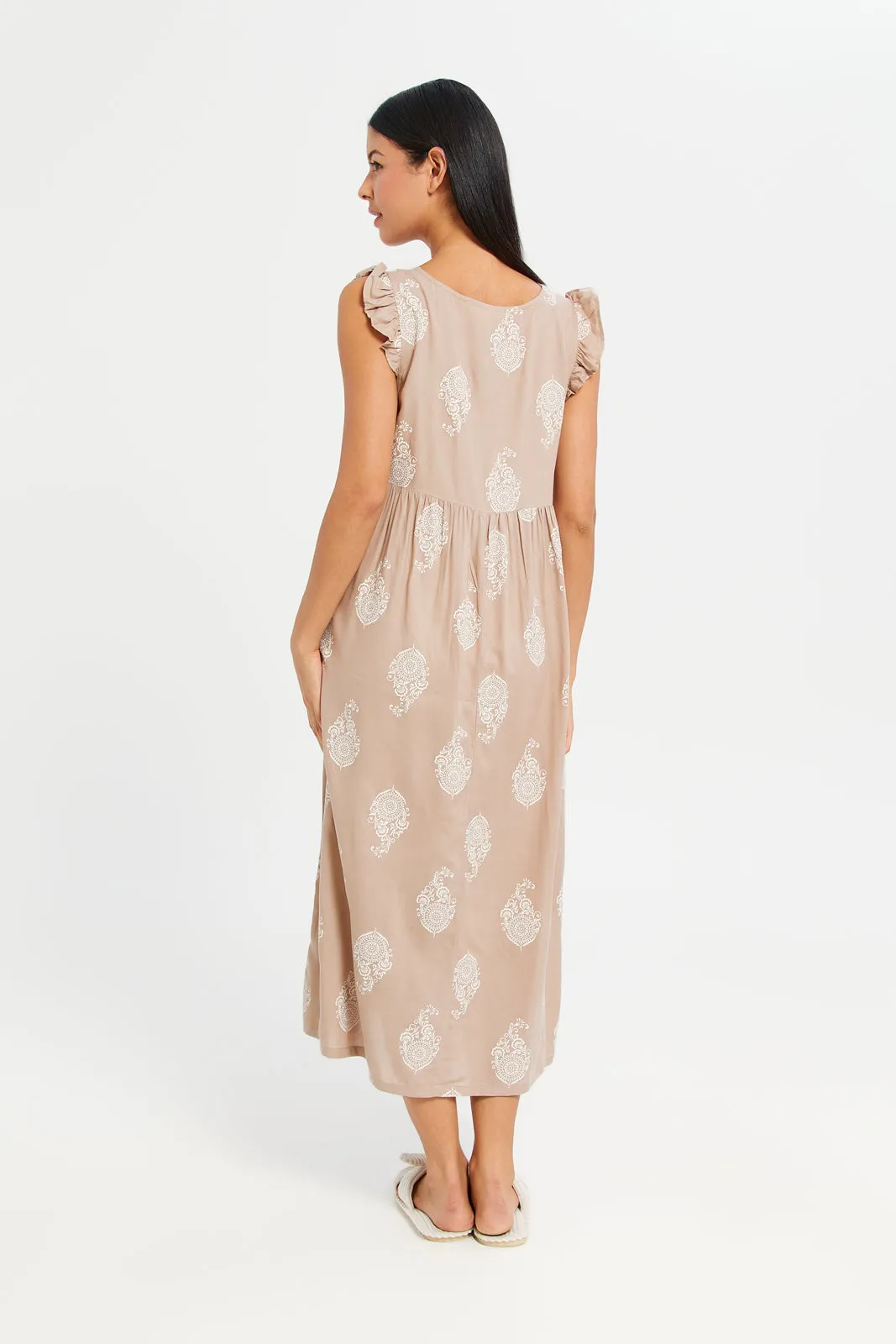 Women Beige Embellished Nightgown