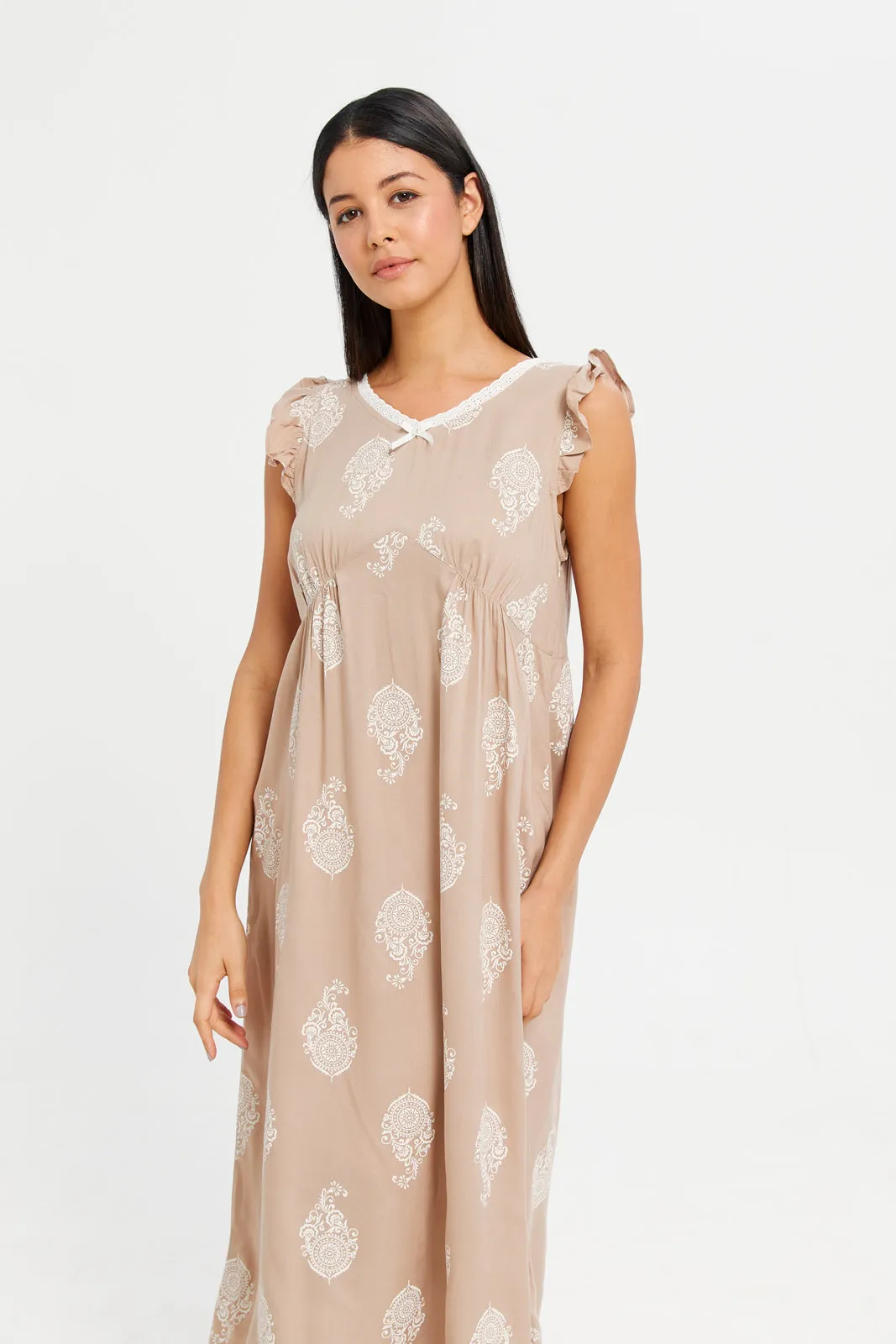 Women Beige Embellished Nightgown