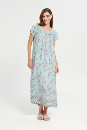 Women Blue Border Print Front Lace Nightgown