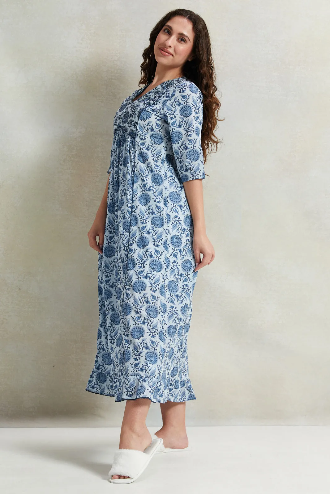 Women Blue Front Border Print Nightgown