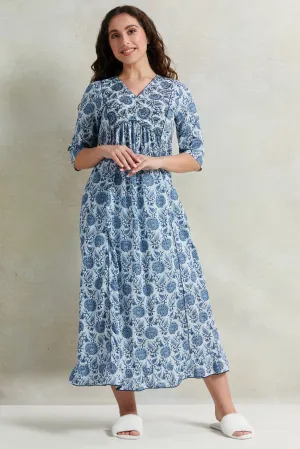 Women Blue Front Border Print Nightgown