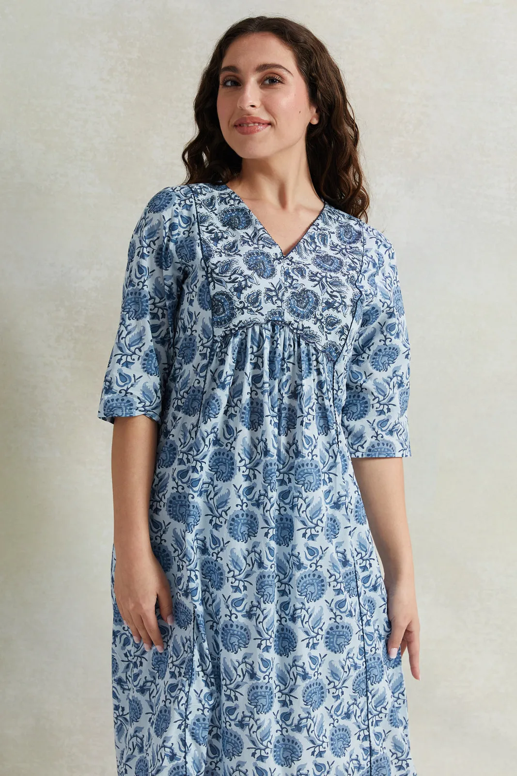 Women Blue Front Border Print Nightgown