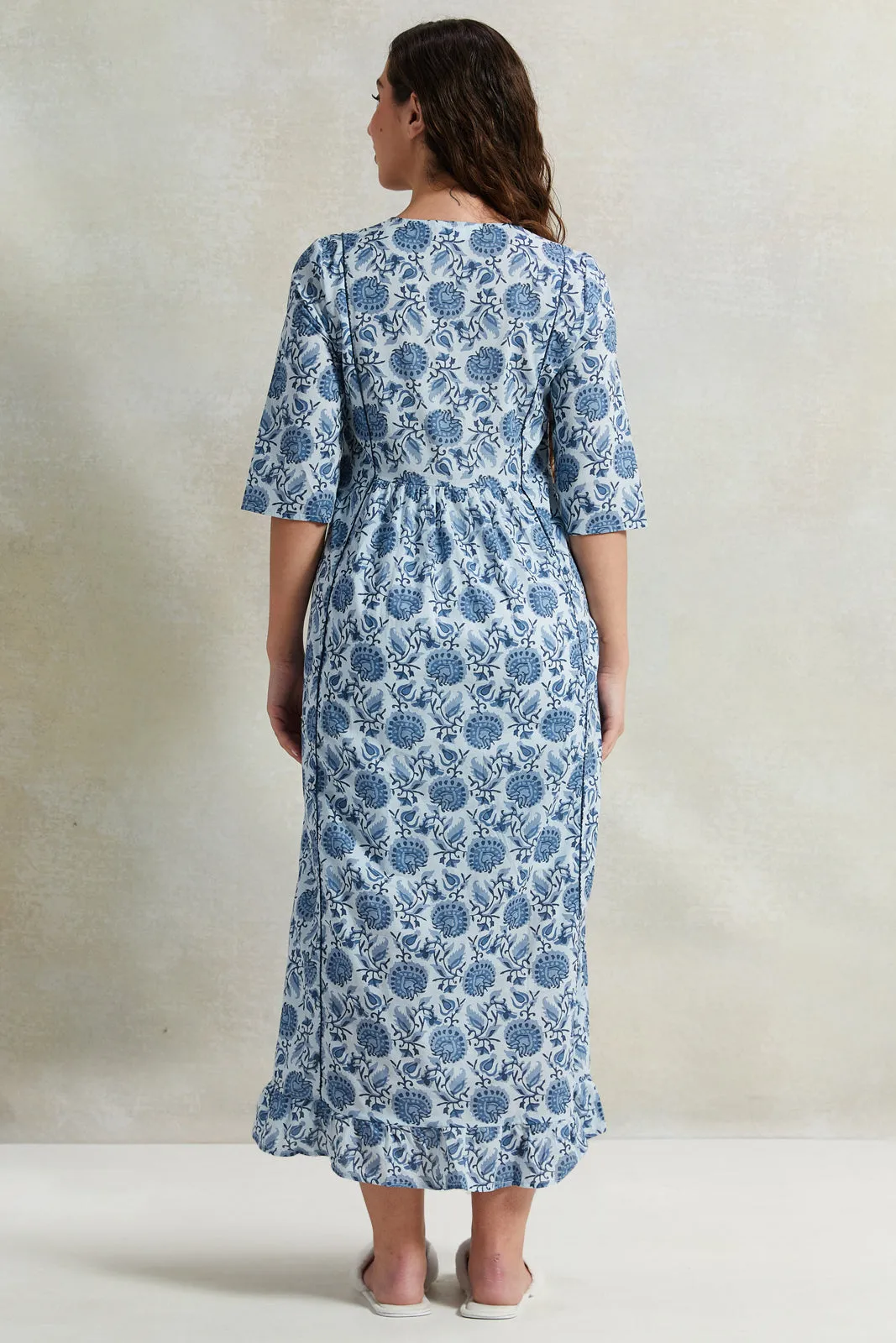 Women Blue Front Border Print Nightgown