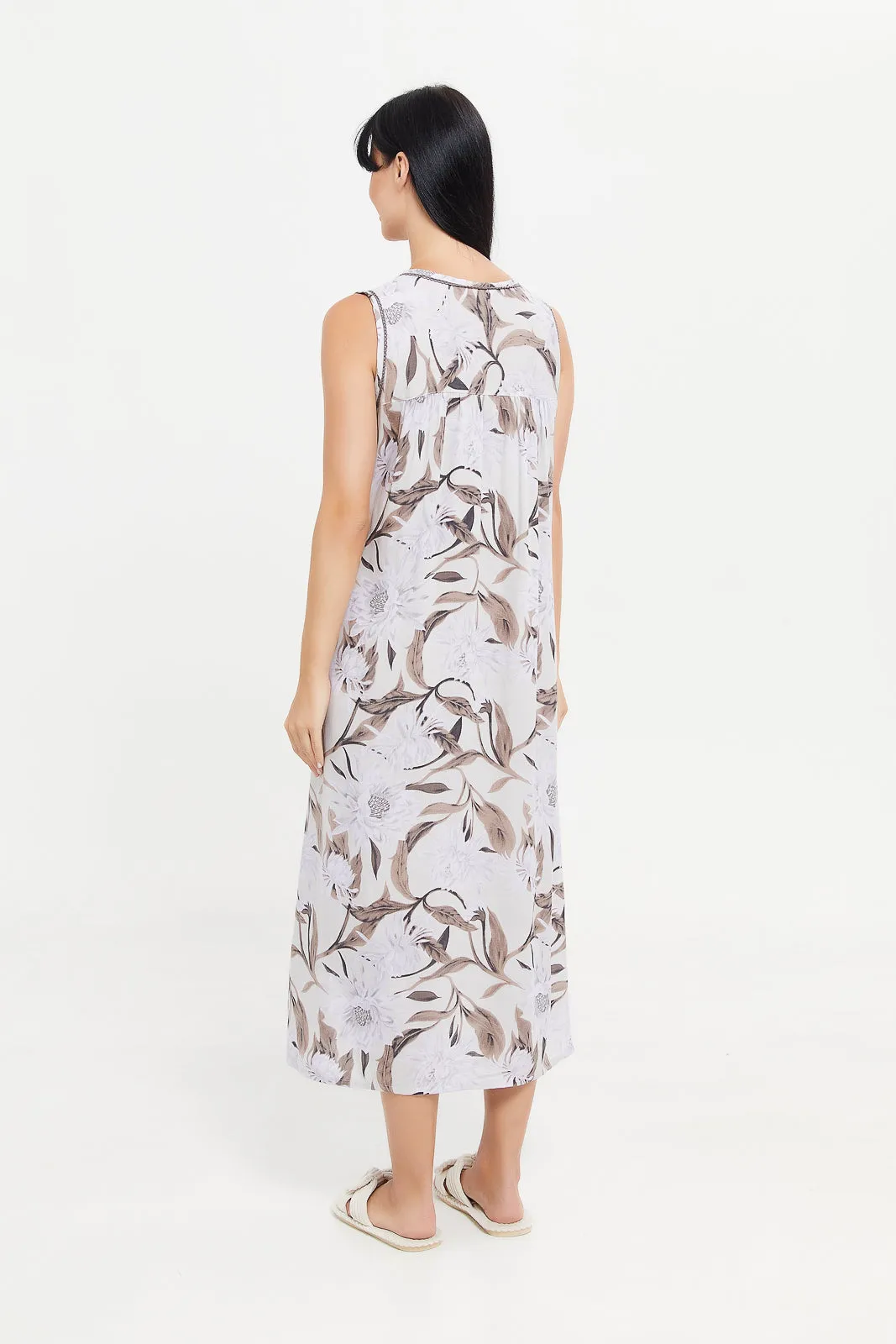 Women Cream Printed Sleeveless Nightgown