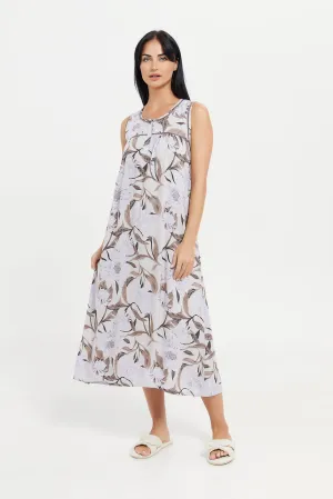 Women Cream Printed Sleeveless Nightgown