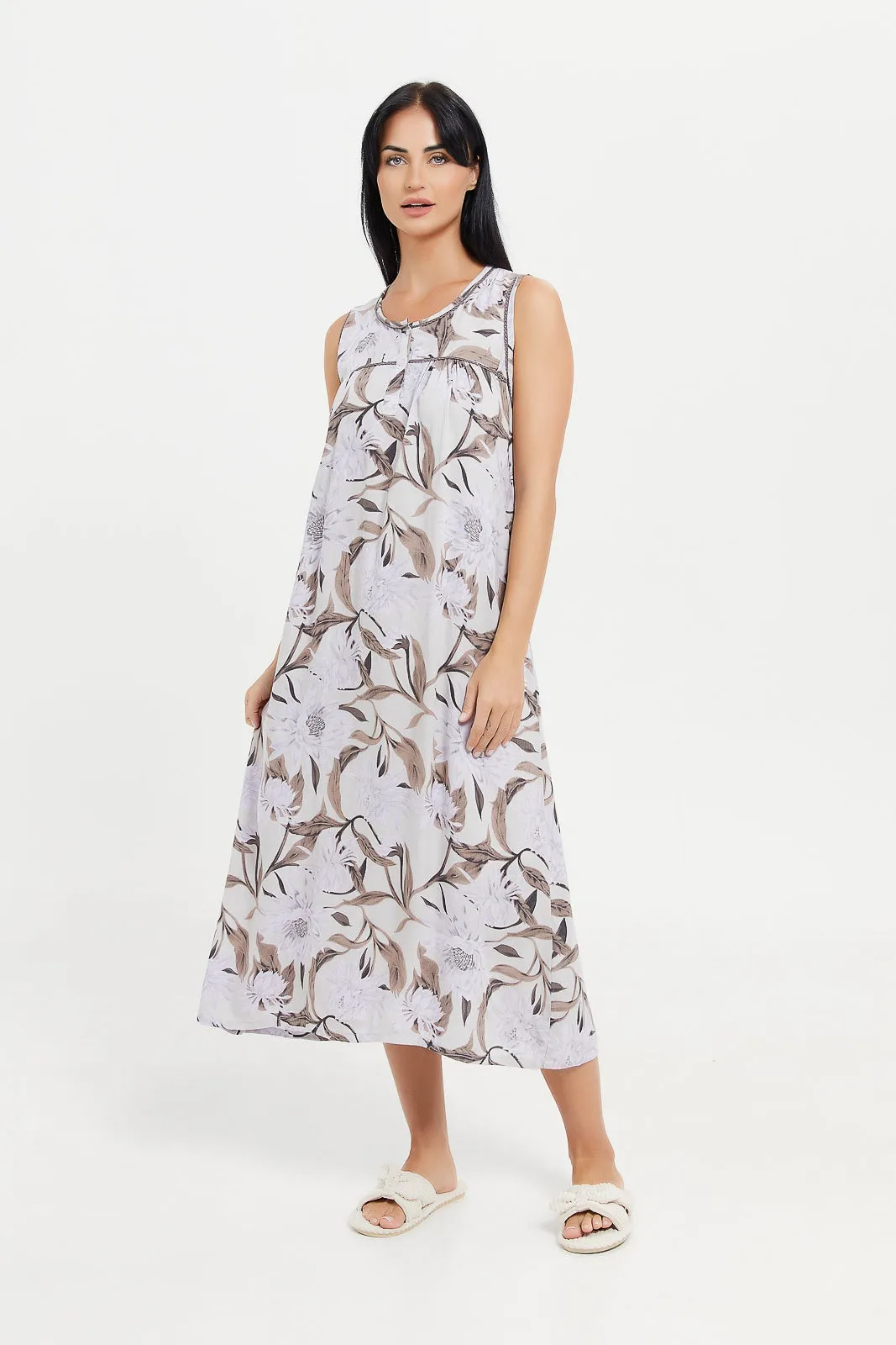 Women Cream Printed Sleeveless Nightgown