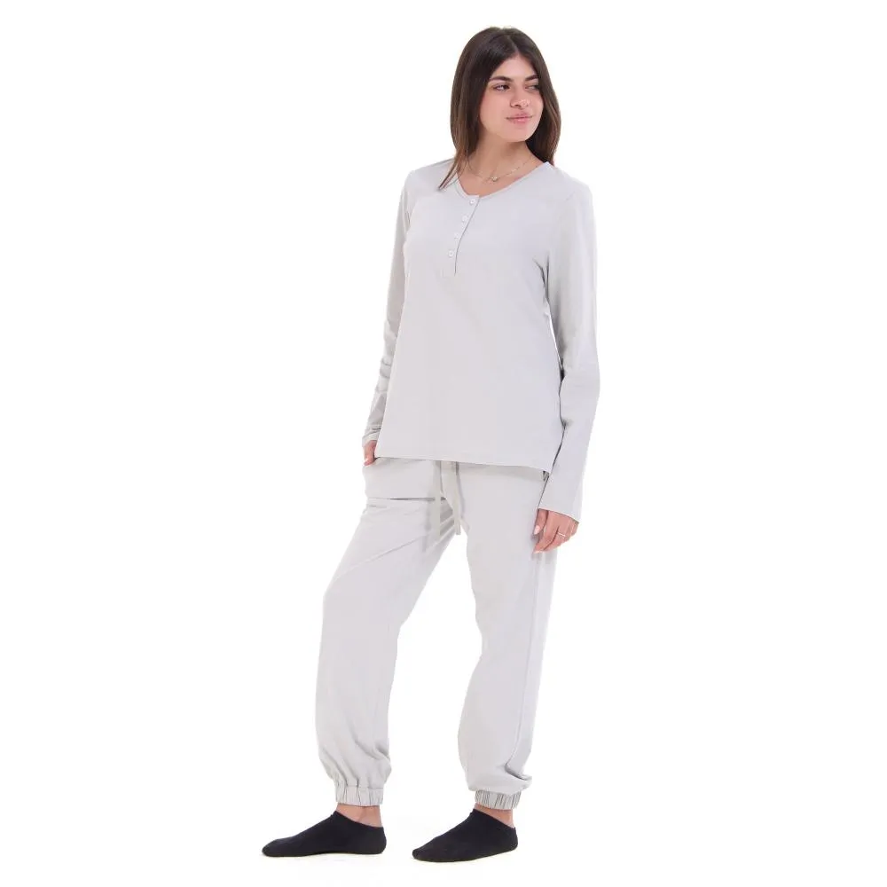 Women Fall Pajama Set Light Grey buttoned sweatshirt   pants