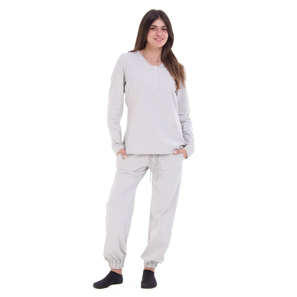 Women Fall Pajama Set Light Grey buttoned sweatshirt   pants