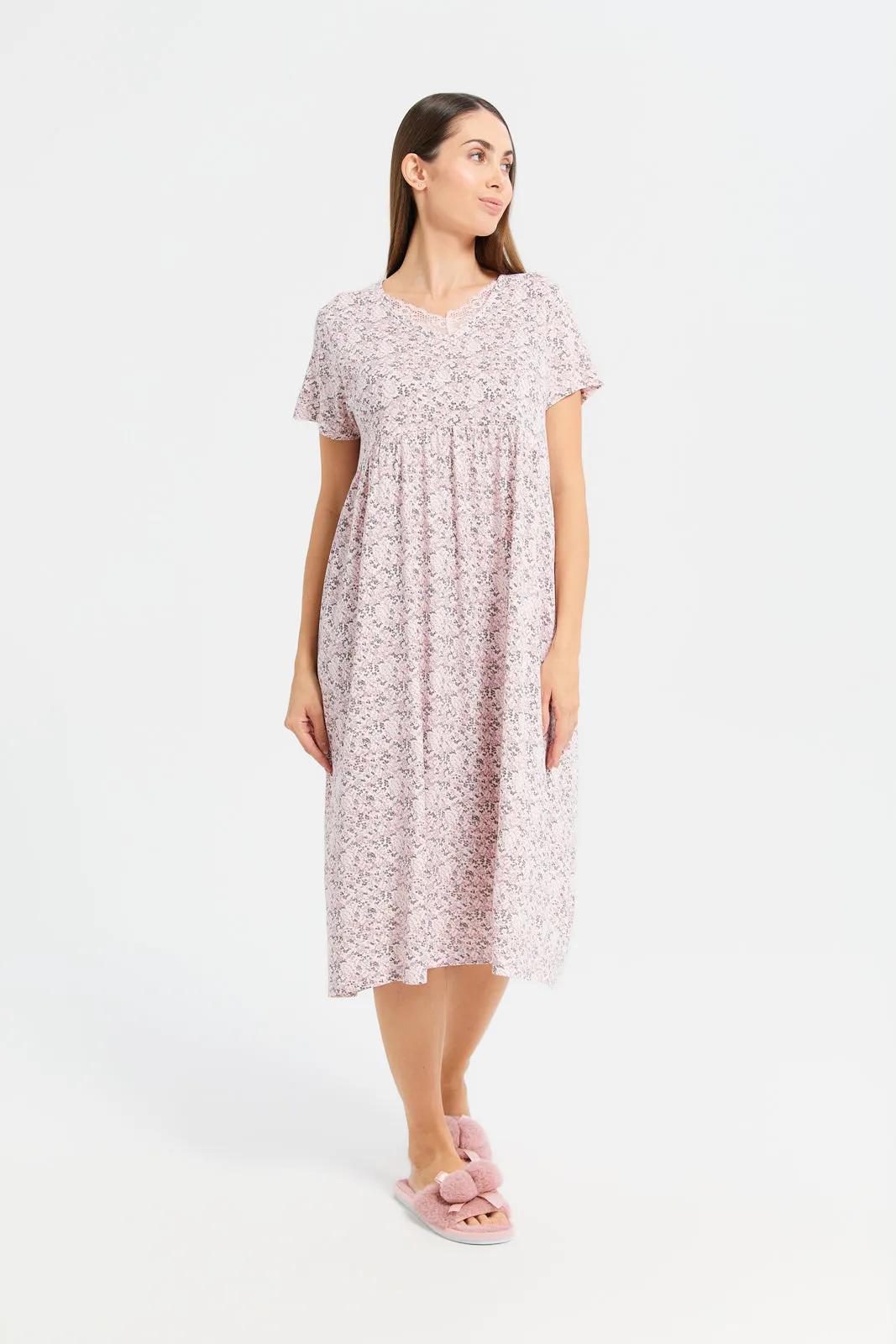 Women Pink Printed lace-embellished V-neck Nightgown