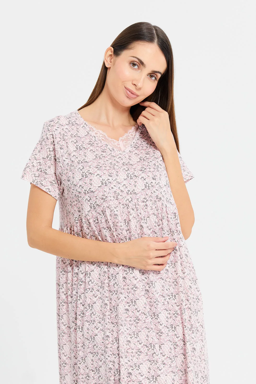 Women Pink Printed lace-embellished V-neck Nightgown