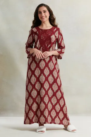 Women Red And Beige Printed Nightgown