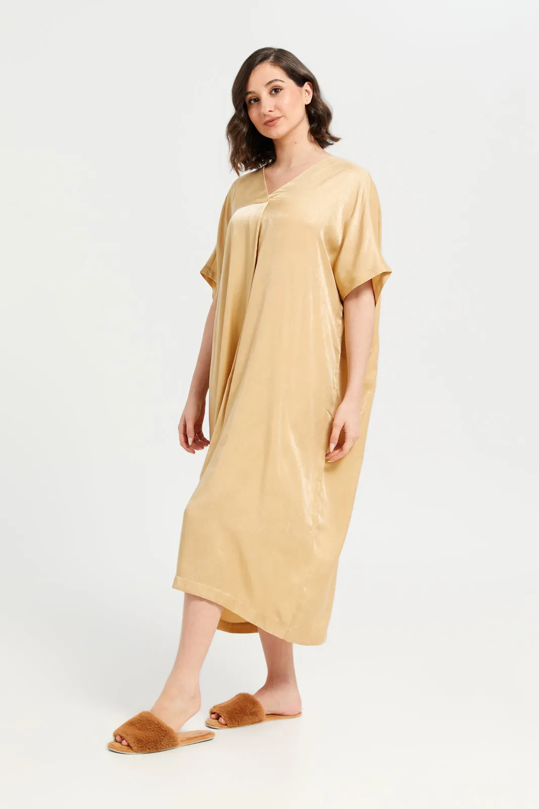 Women Yellow Solid Kaftan Satin Nightgown