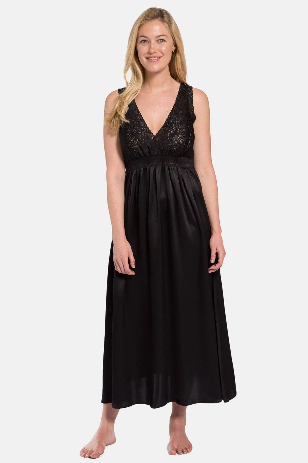 Women's 100% Pure Mulberry Silk Long Nightgown with Lace Bodice and Gift Box