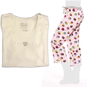 Women's Cozy Pajama Set Cupcake Pants and Soft Cotton Heart T shirt