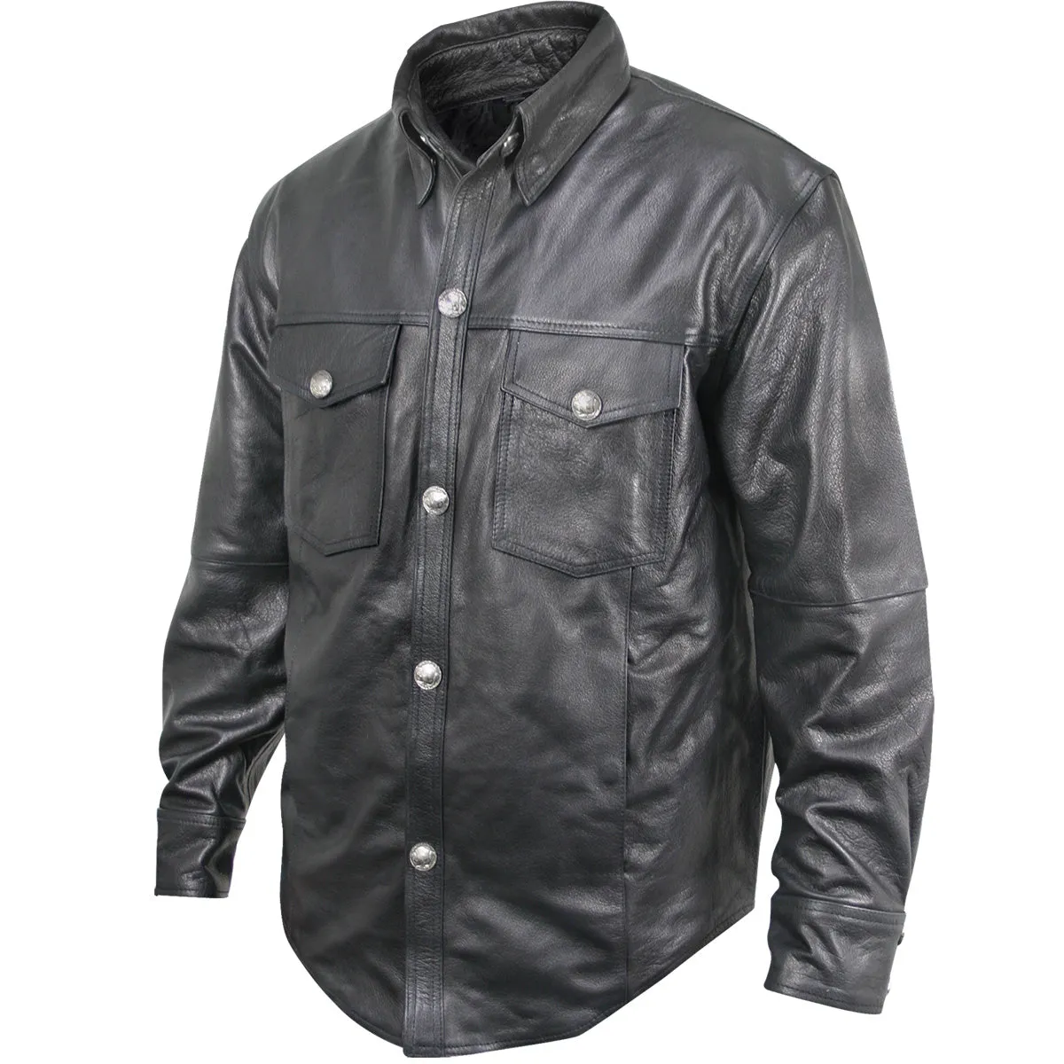 Xelement XS908B Men's 'Nickel' Black Leather Casual Biker Rider Shirt with Vintage Buffalo Buttons