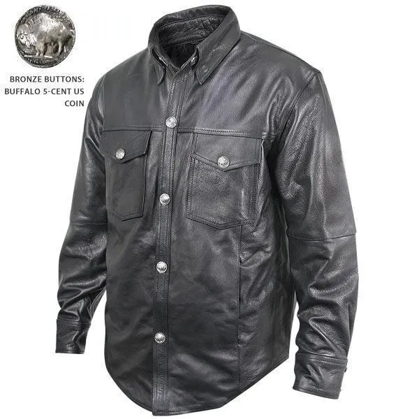 Xelement XS908B Men's 'Nickel' Black Leather Casual Biker Rider Shirt with Vintage Buffalo Buttons