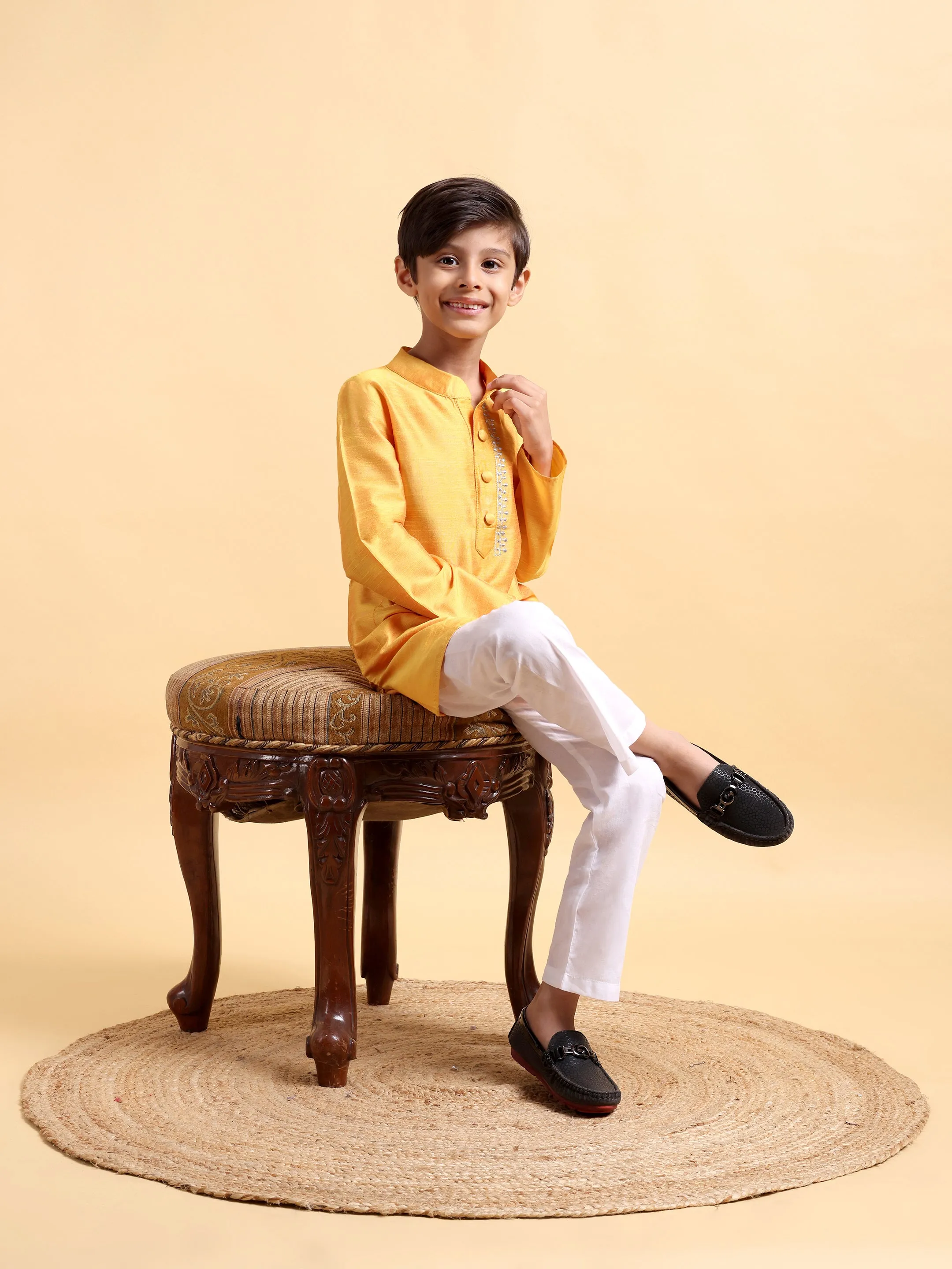 Yellow Embriodery Cotton Silk Kurta & Pajama Set