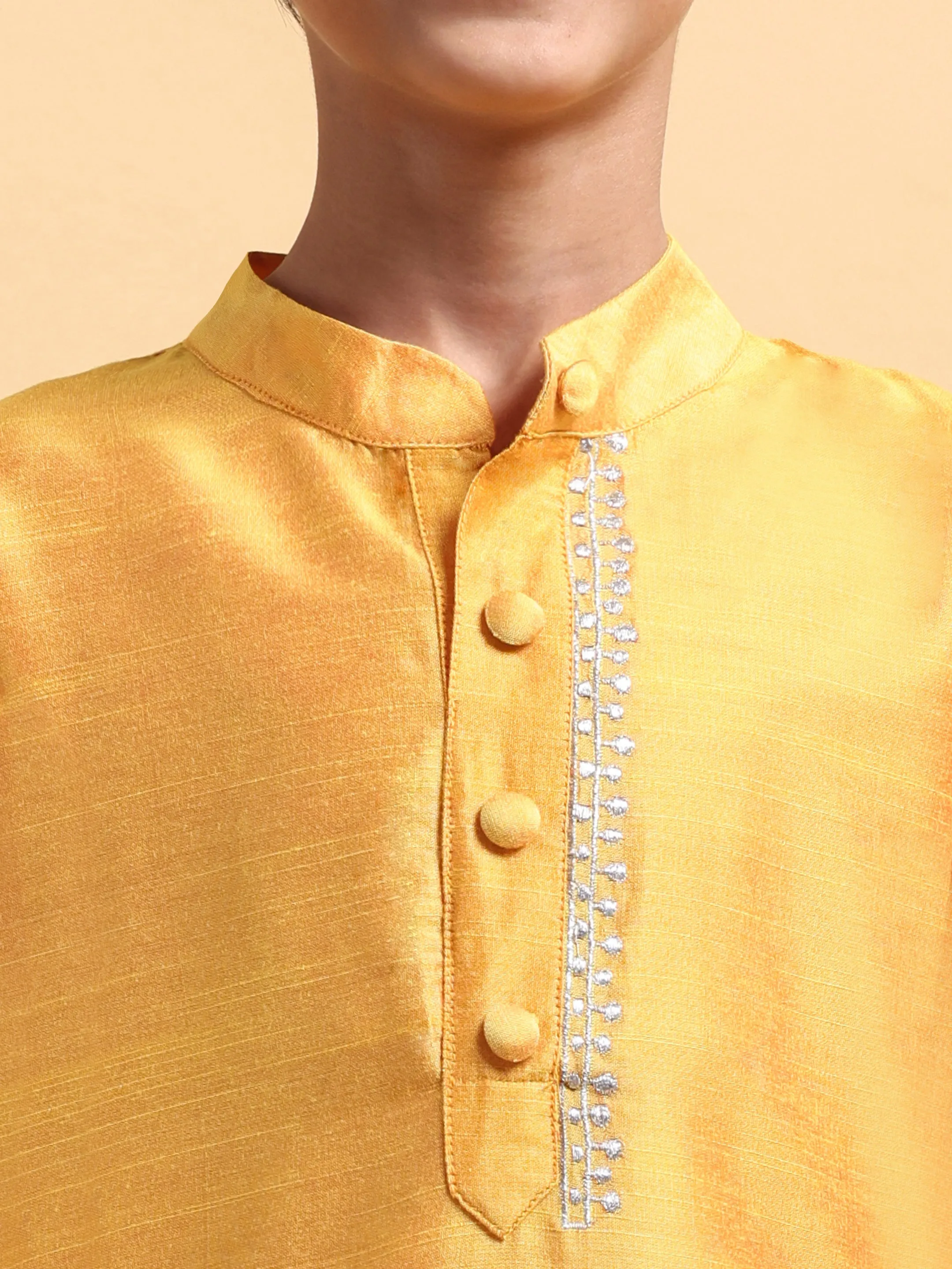 Yellow Embriodery Cotton Silk Kurta & Pajama Set